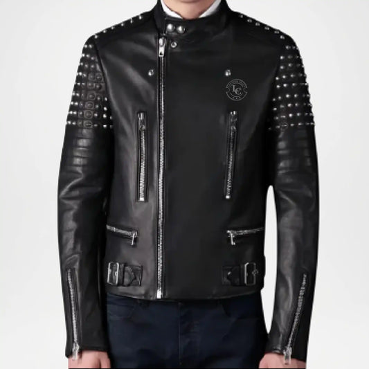 Black Studded Biker Leather Jacket for Men