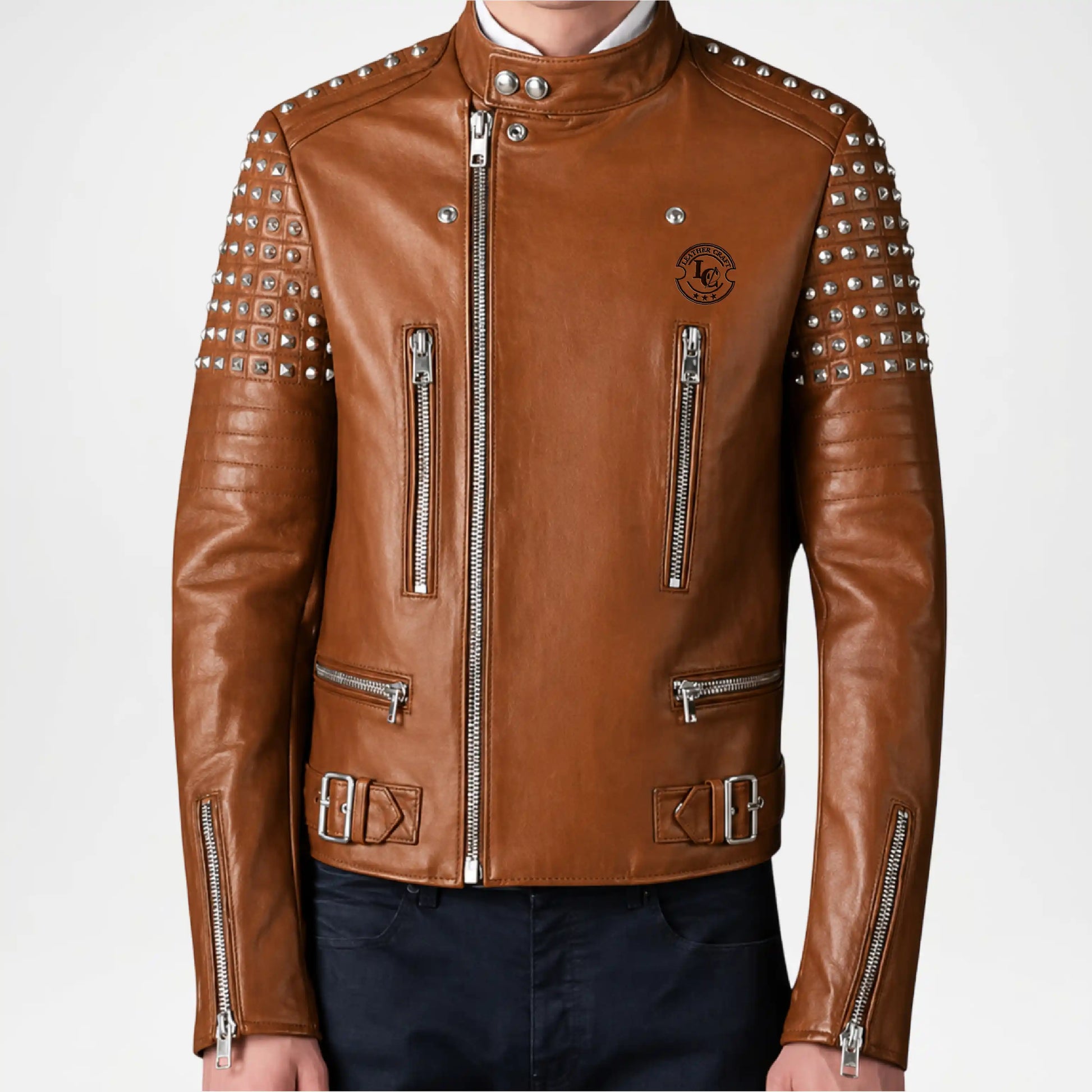 brown biker leather jacket men