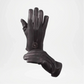 Pair of black leather gloves on a light gray background
