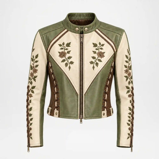 A cropped leather motorcycle jacket featuring olive green and cream panels, brown floral embroidery on the chest and sleeves, and lace-up side detailing, shown against a plain white background.