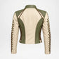 A cropped leather jacket shown from the back, featuring a color-blocked design with beige and olive green panels, and embroidered leaf patterns down the sleeves.