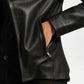 Close-up of a black leather jacket with a zipper on a white background