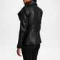 Black leather jacket worn by a person on a white background
