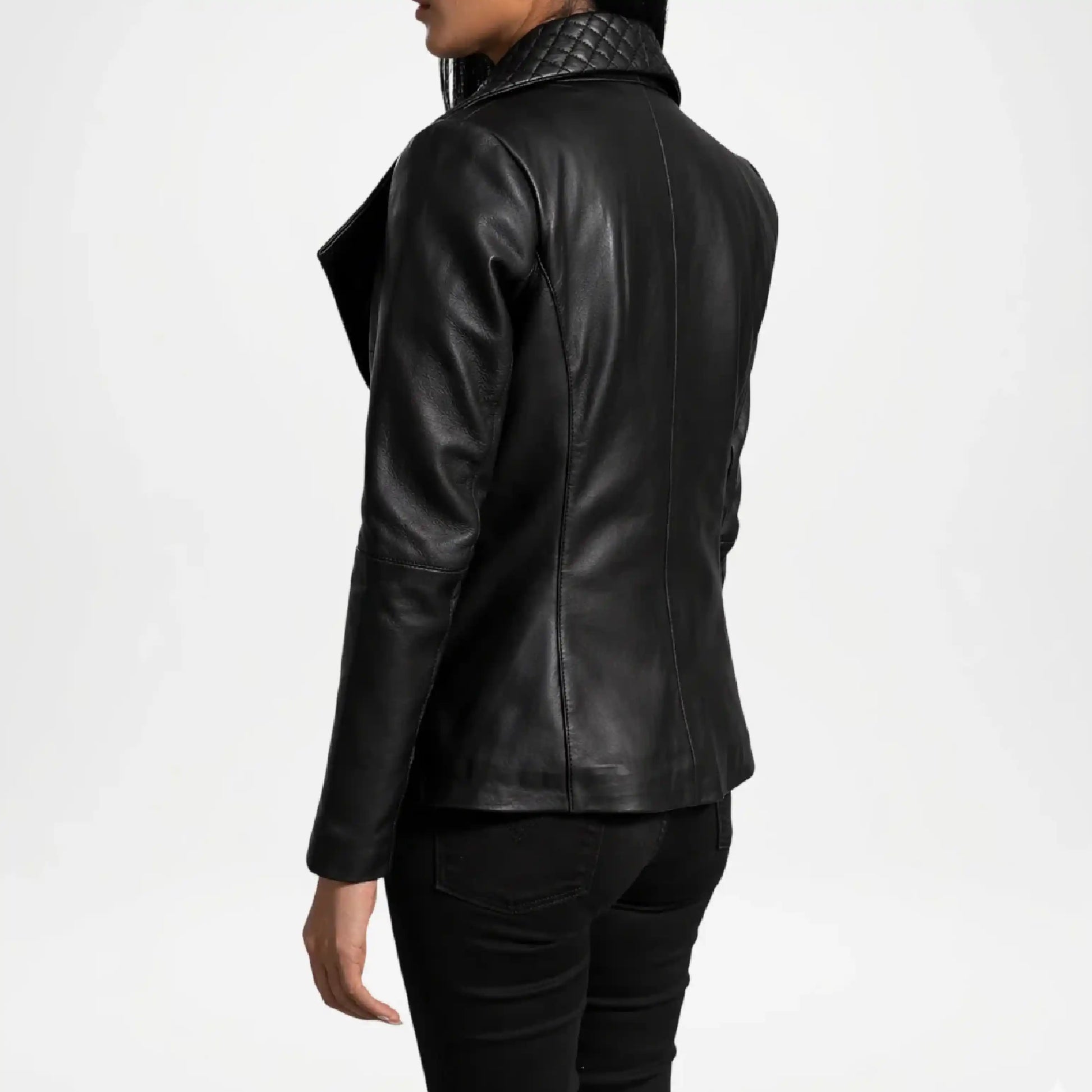 Black leather jacket worn by a person on a white background