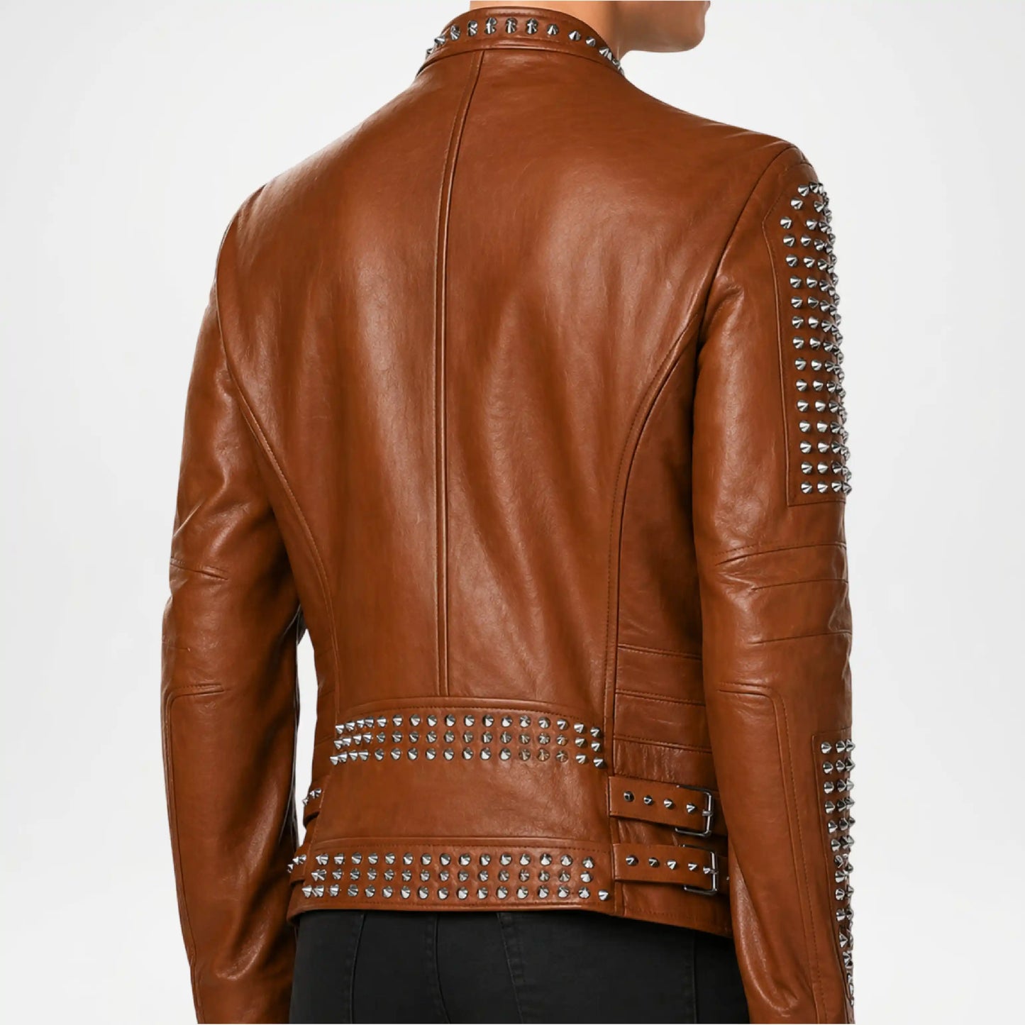 mens brown biker leather jacket studs