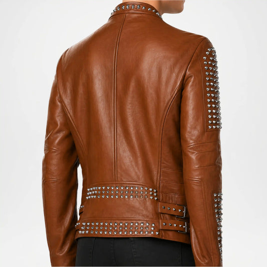 mens brown biker leather jacket studs
