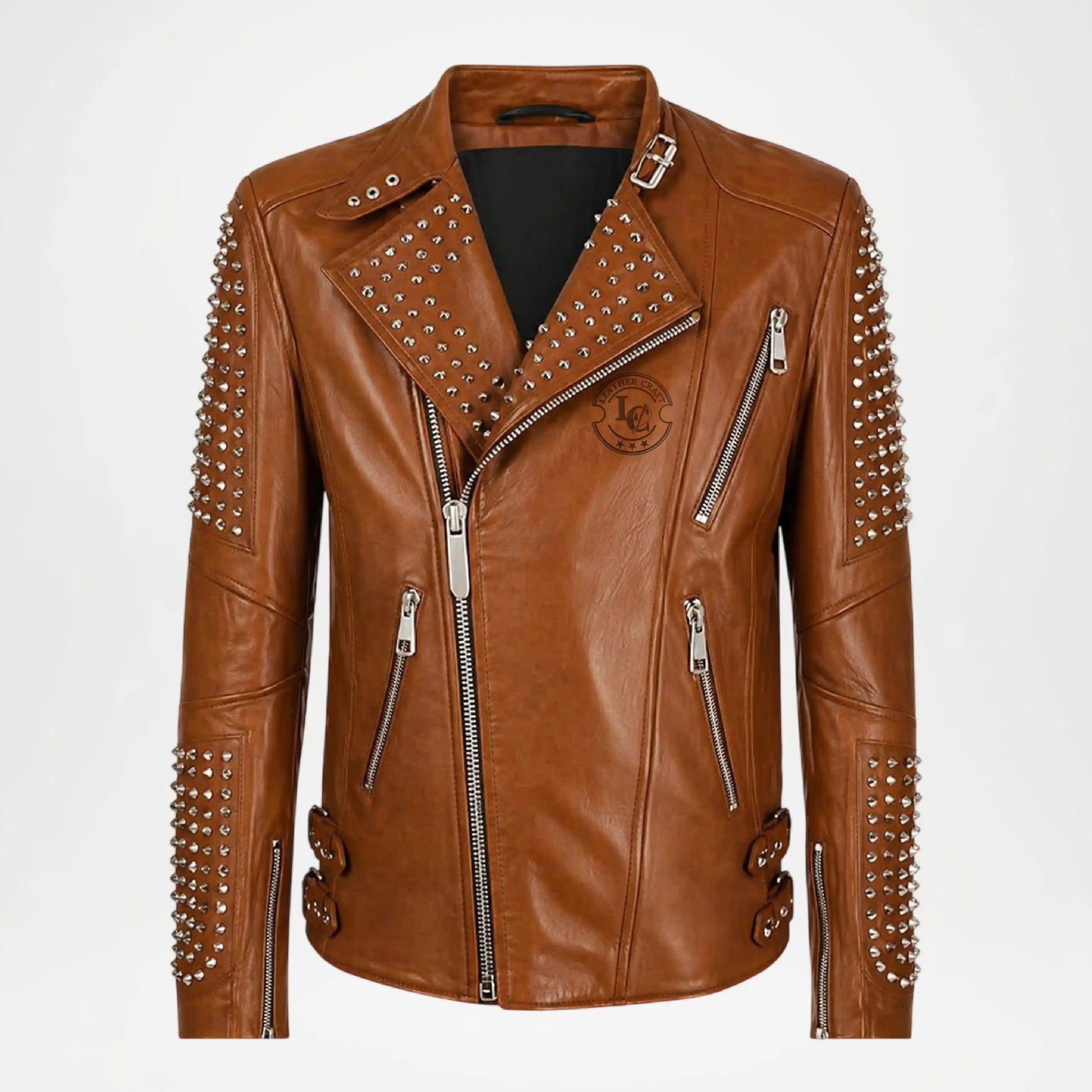 mens brown studded biker jacket
