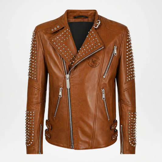 mens brown studded biker jacket