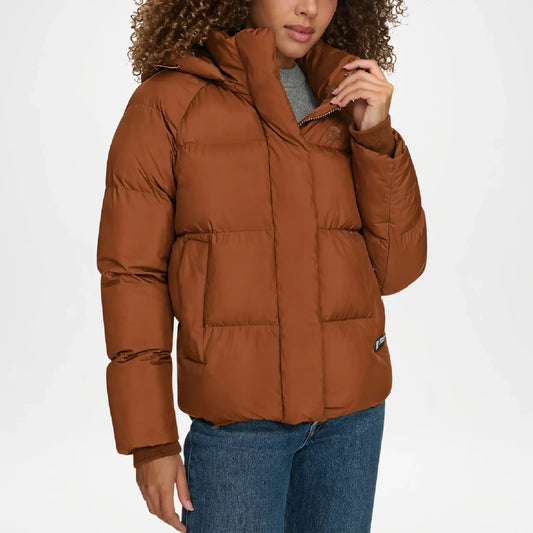 womens brown puffer jacket hooded style