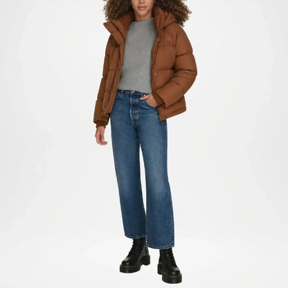 womens brown winter puffer jacket with hood