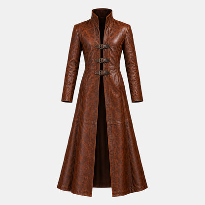 Long Brown Leather Trench Coat