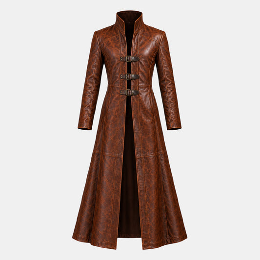 Long Brown Leather Trench Coat