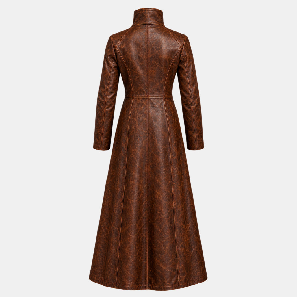 Back View Of Long Brown Leather Trench Coat