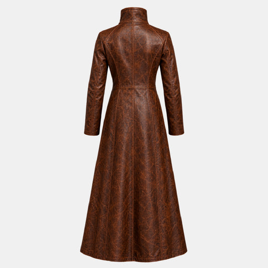 Back View Of Long Brown Leather Trench Coat