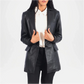 Black leather jacket worn by a person on a white background