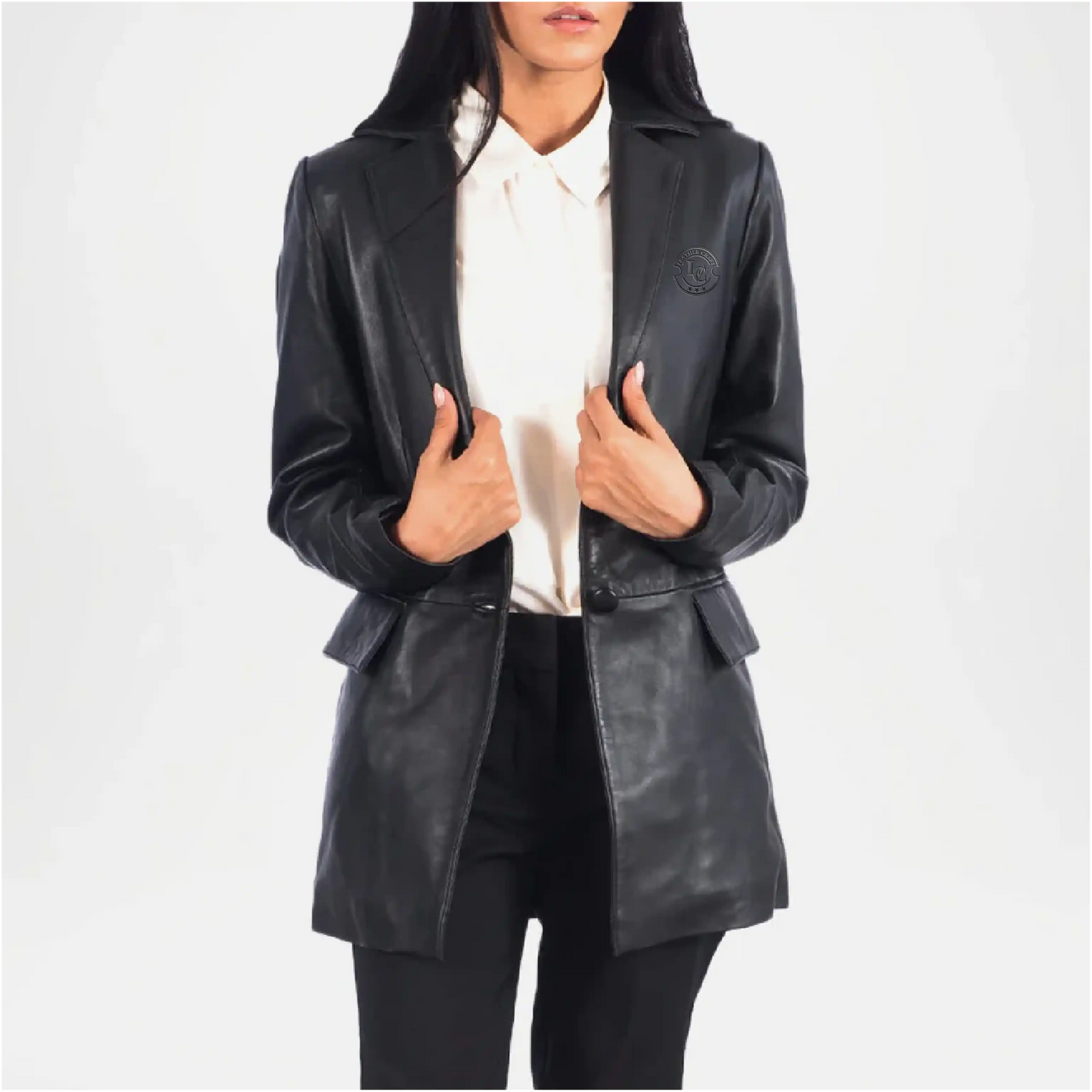 Black leather jacket worn by a person on a white background