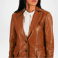 Brown leather jacket with a brand logo on a white background