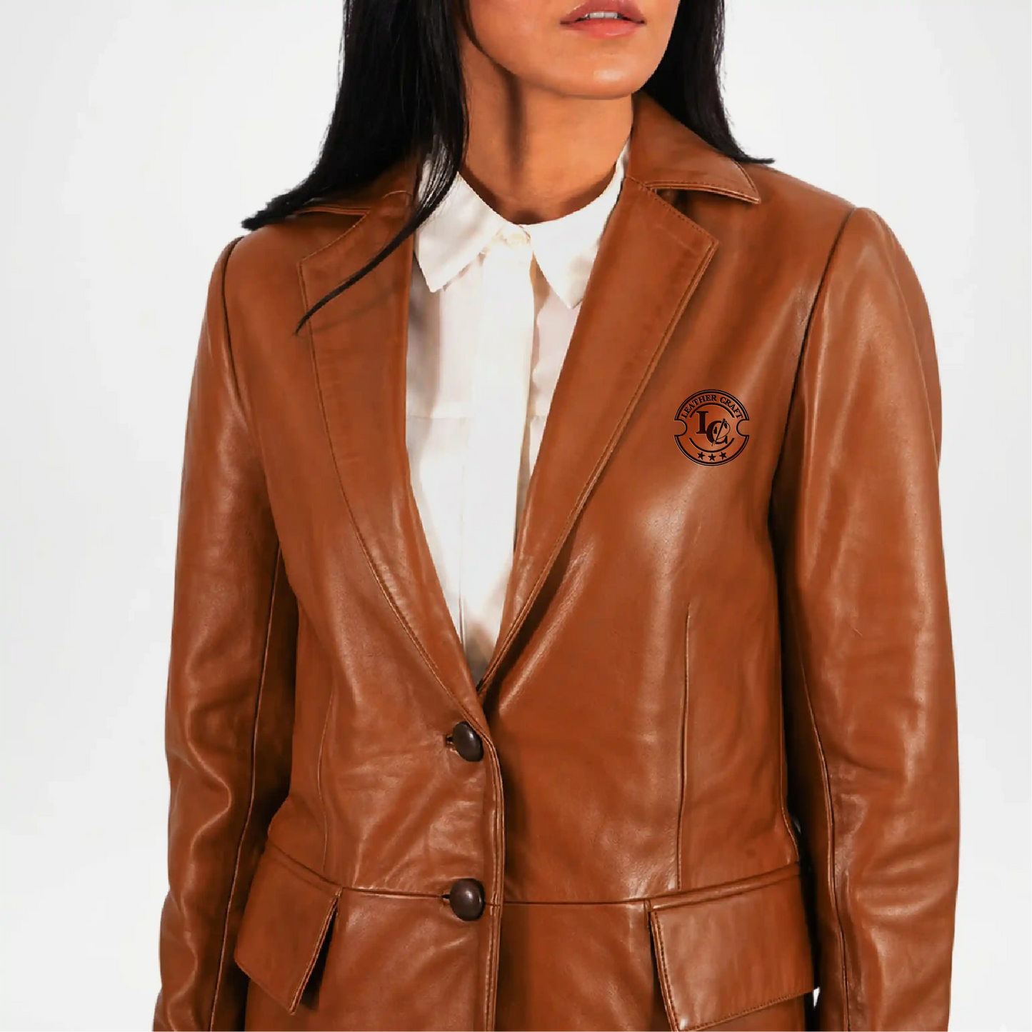Brown leather jacket with a brand logo on a white background