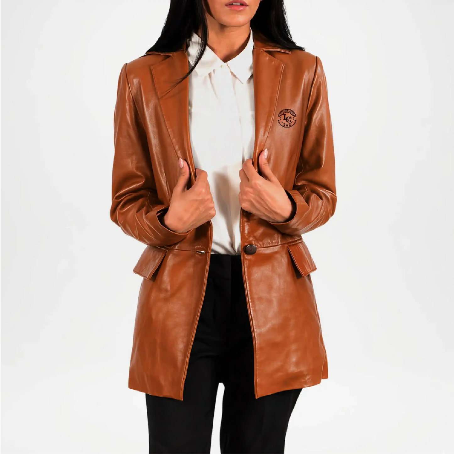 Woman wearing a brown leather jacket on a white background