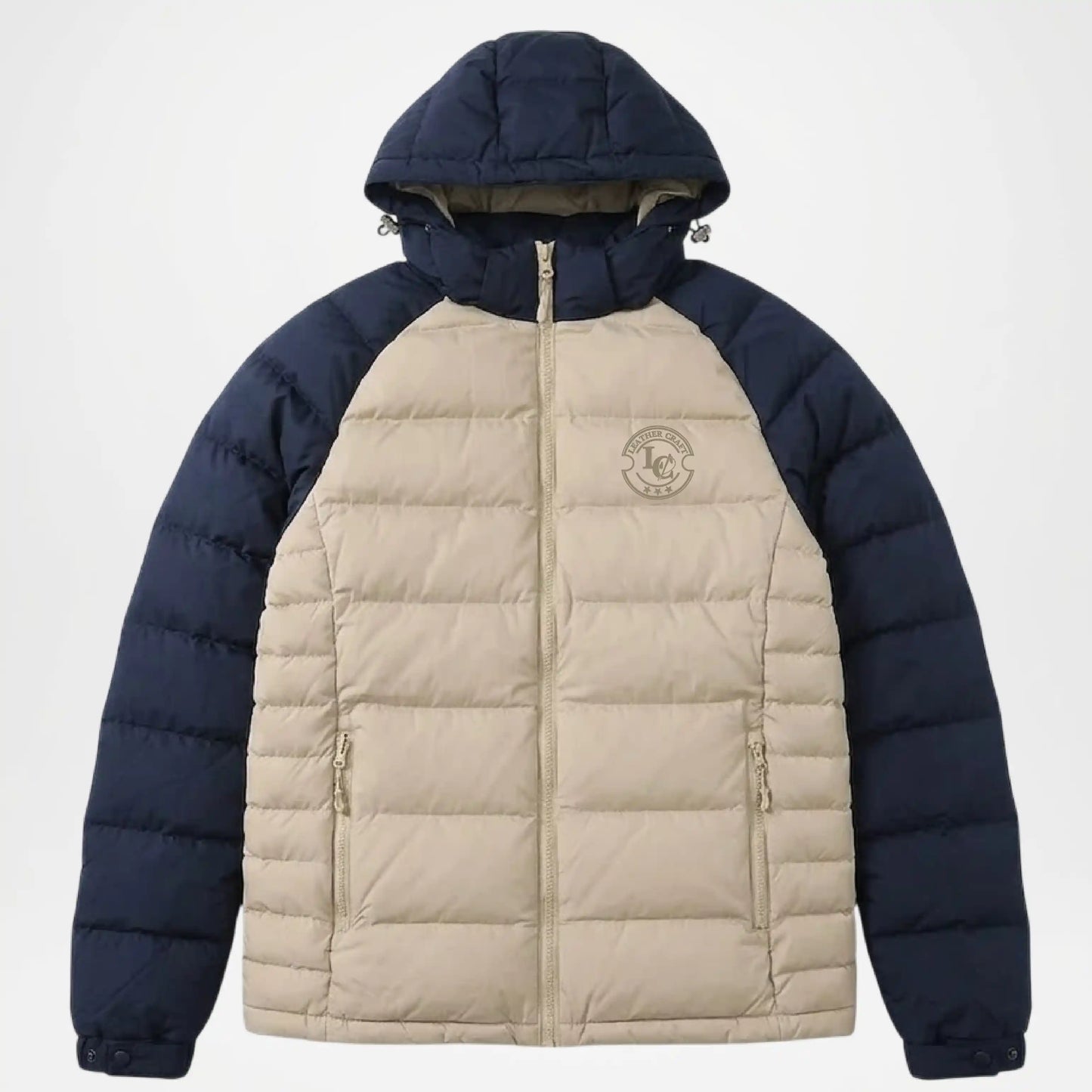 mens beige puffer jacket with hood