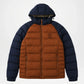 Two-tone blue and brown puffer jacket 