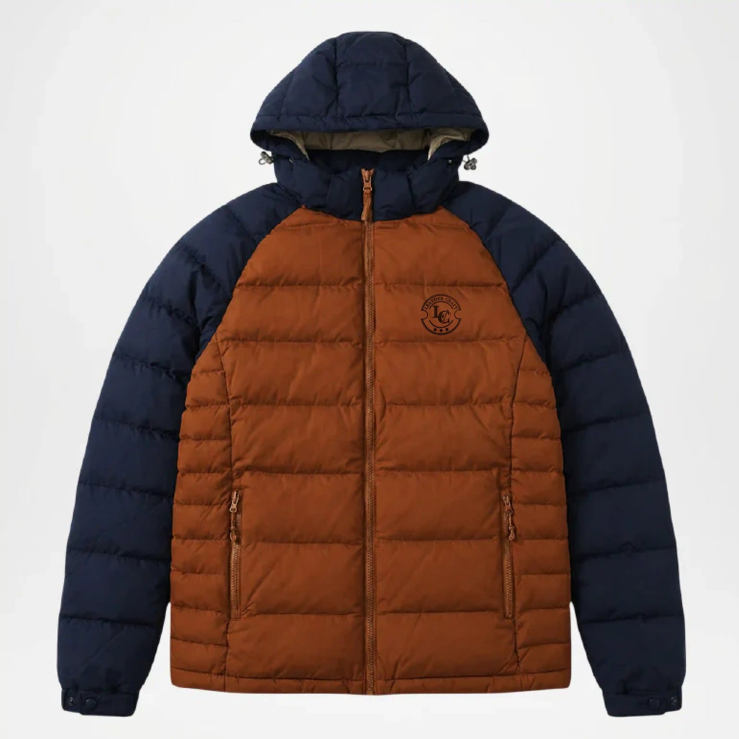 Two-tone blue and brown puffer jacket 