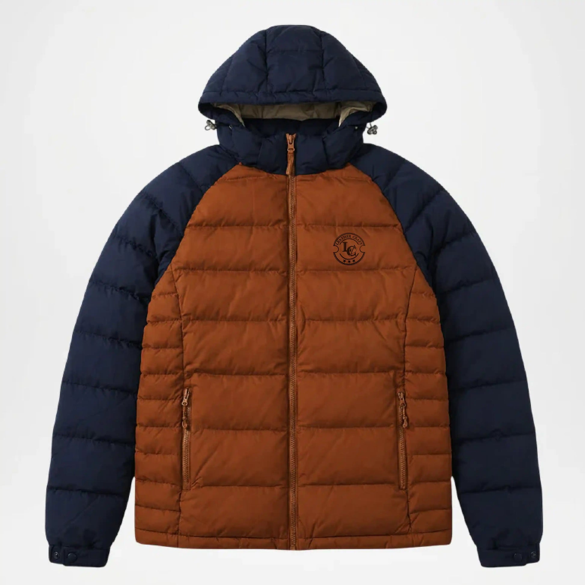 Two-tone blue and brown puffer jacket 