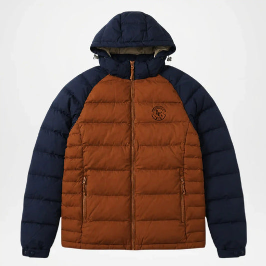 Two-tone blue and brown puffer jacket 