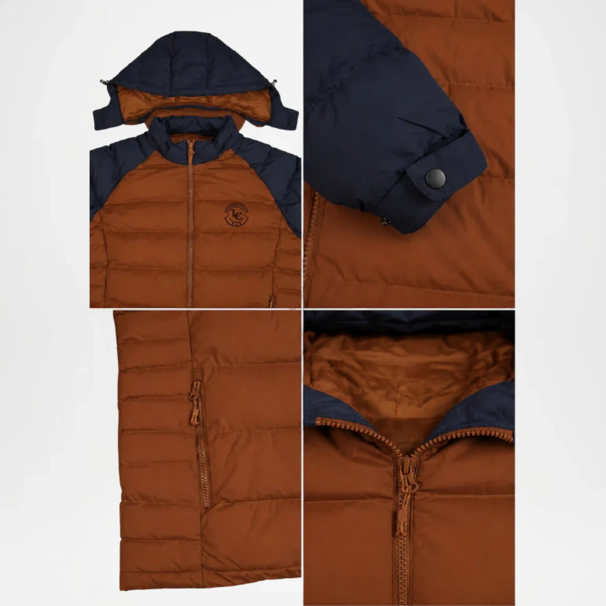 Brown puffer jacket with navy accents shown from different angles on a white background