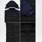 Black puffer jacket with navy hood and sleeves