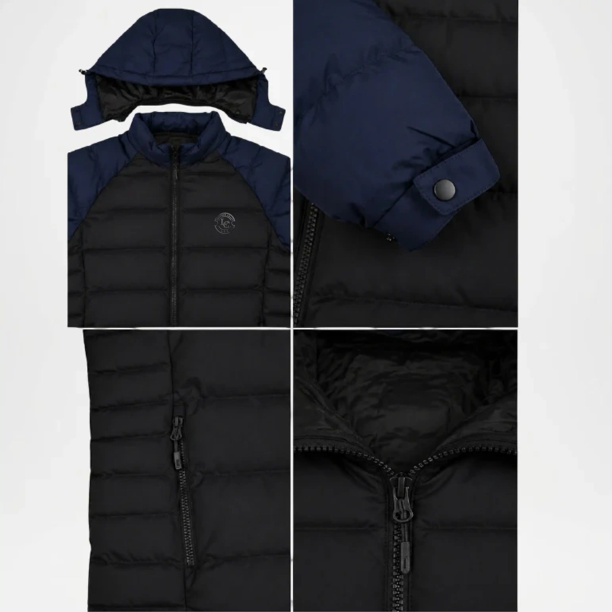 Black puffer jacket with navy hood and sleeves