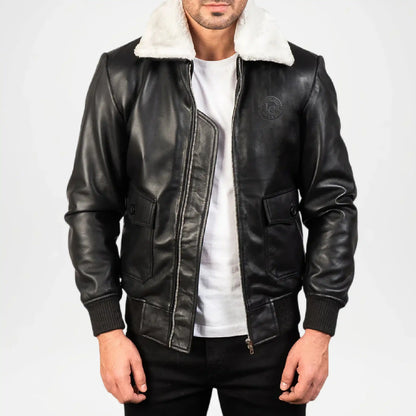 airin g 1 black leather bomber jacket
