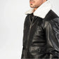 Black leather jacket with white fur collar