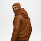 men's brown leather bomber jacket with removable hood