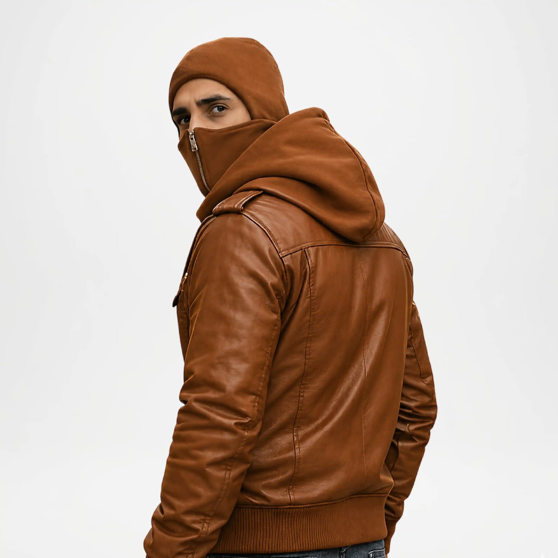 men's brown leather bomber jacket with removable hood