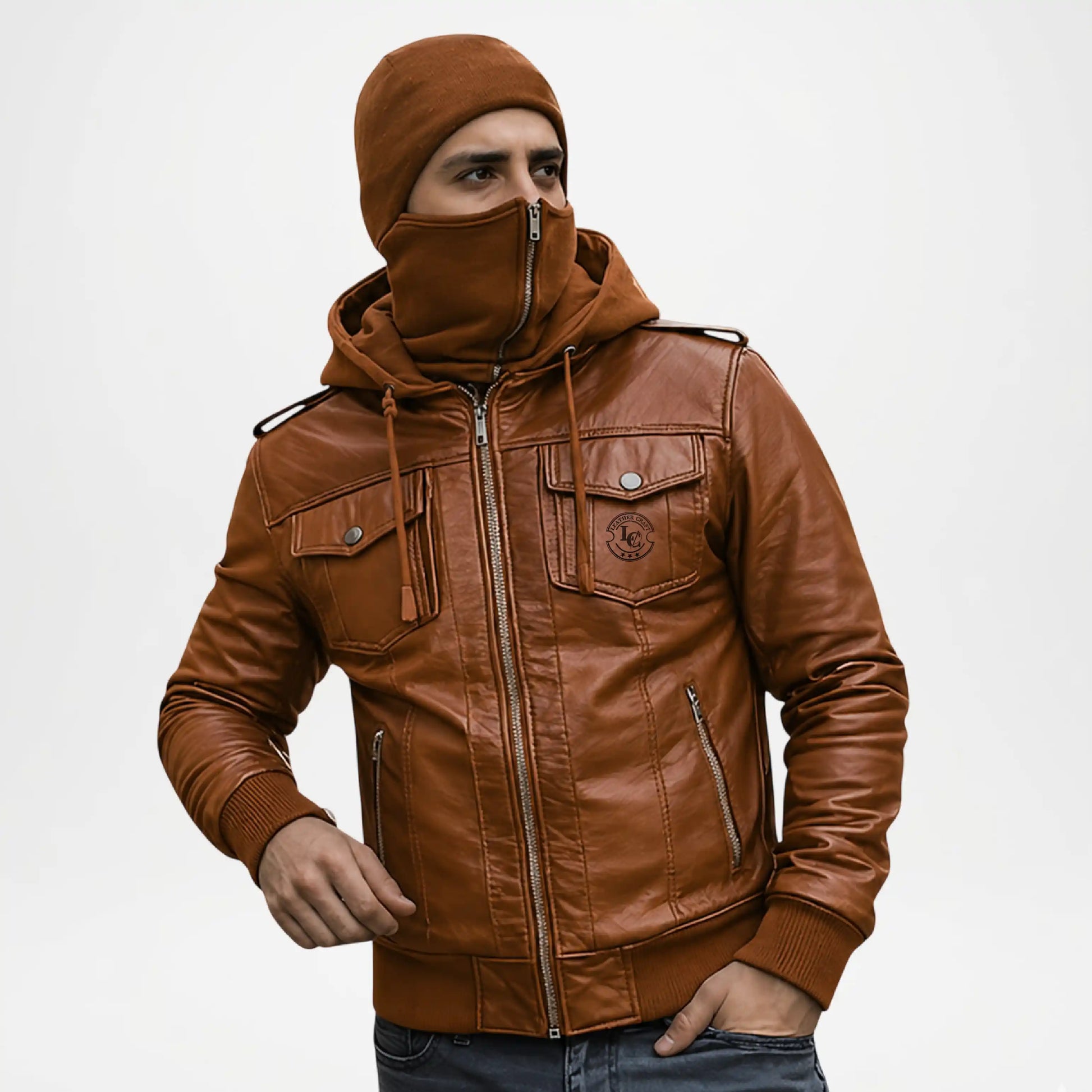 mens brown balaclava jacket