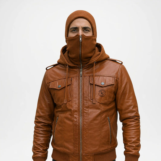 men's brown leather bomber jacket with hood