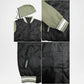 Collage of a black jacket with green hood and white trim, featuring brand logo.