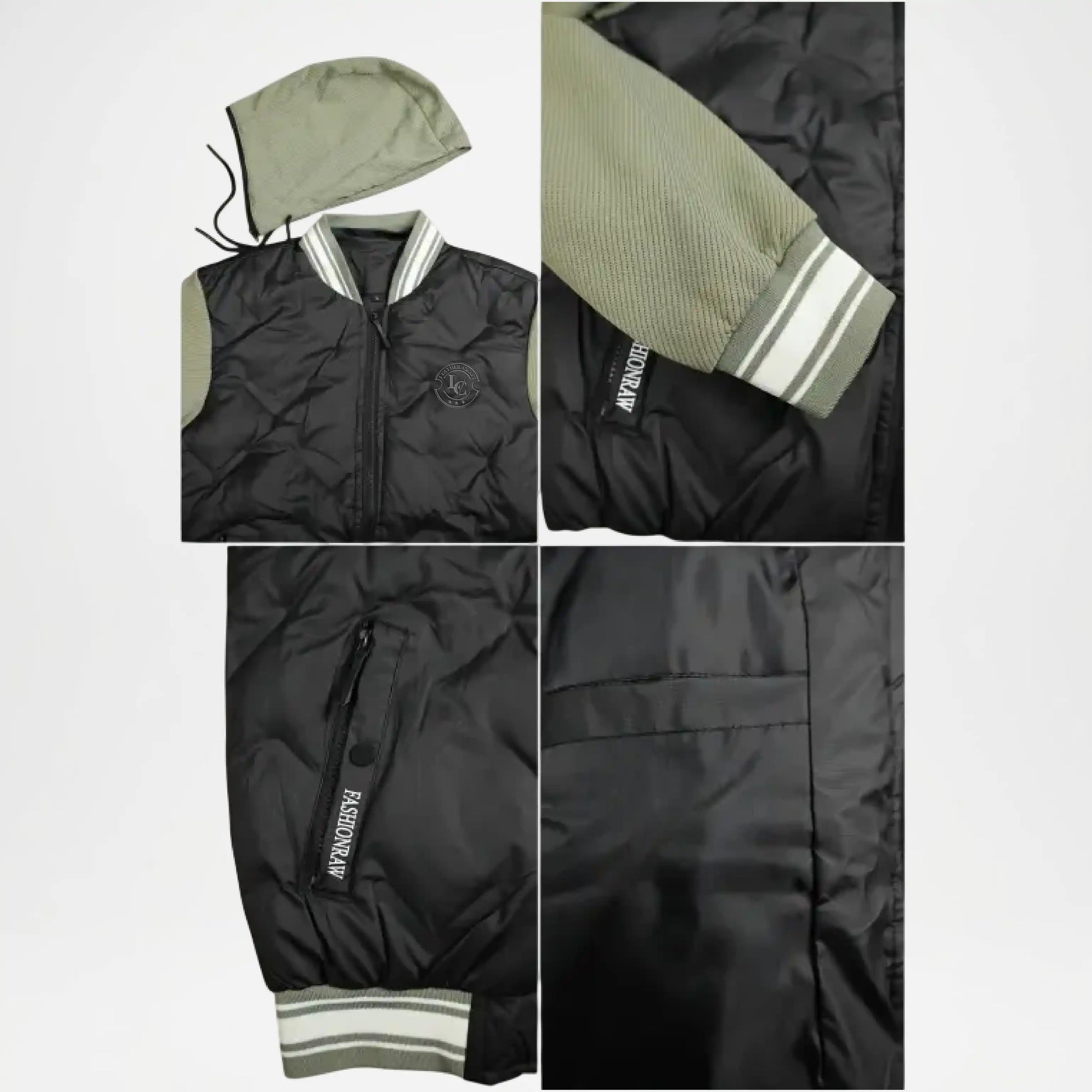 Collage of a black jacket with green hood and white trim, featuring brand logo.