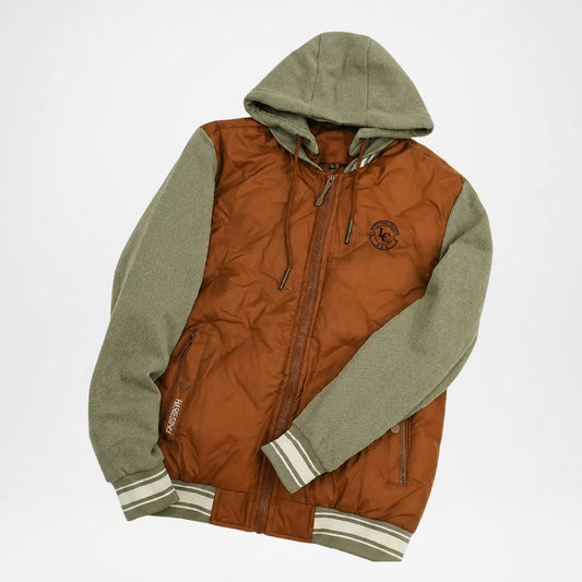 mens hybrid puffer jacket with hood