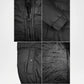 Collage of close-up details of a black puffer jacket 