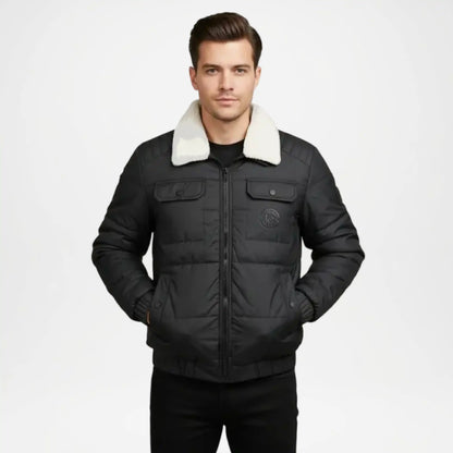 men's black leather puffer