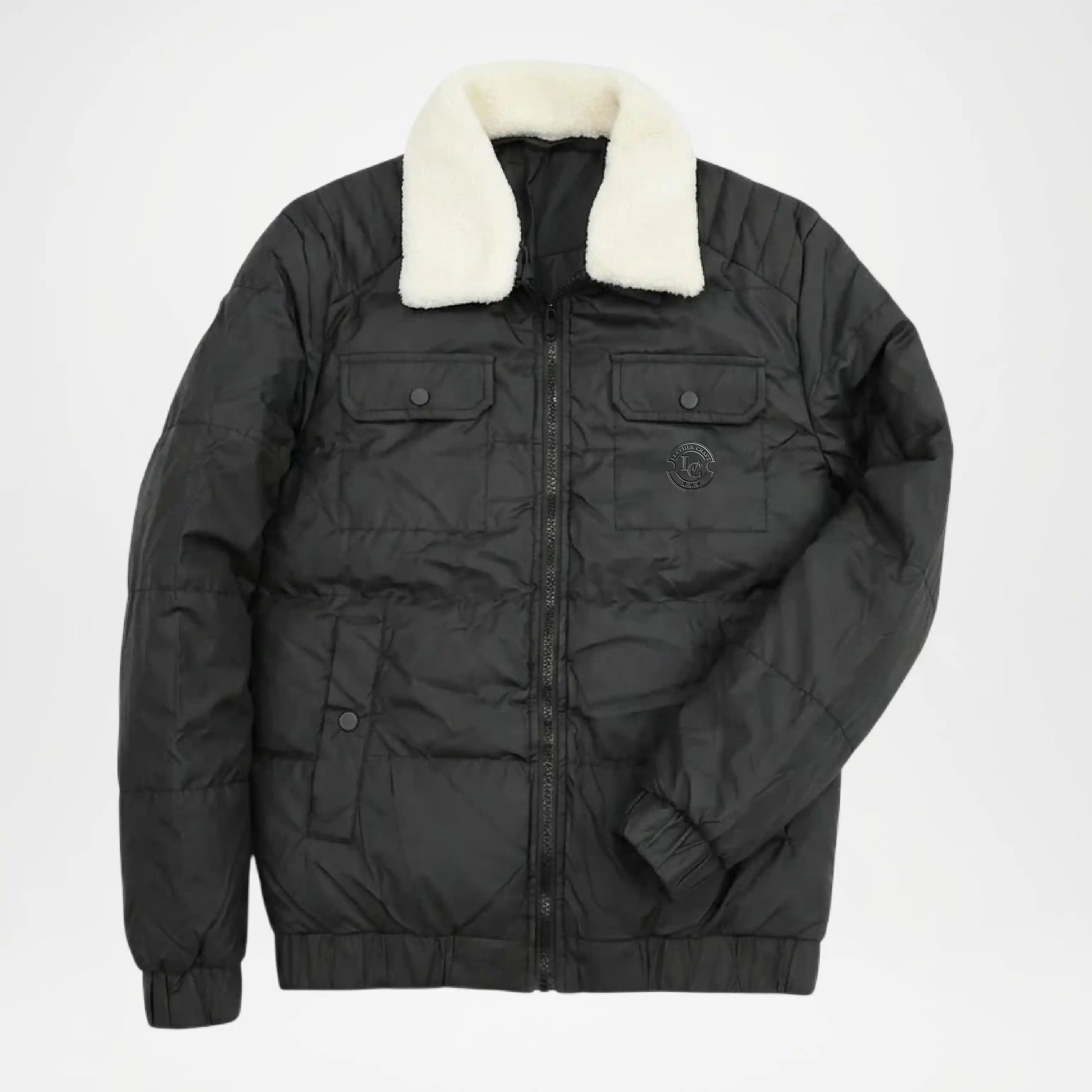 black leather puffer jacket for men