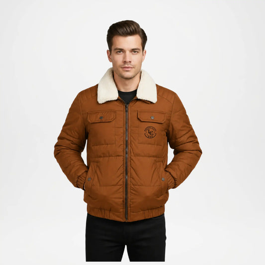 mens brown leather puffer jacket