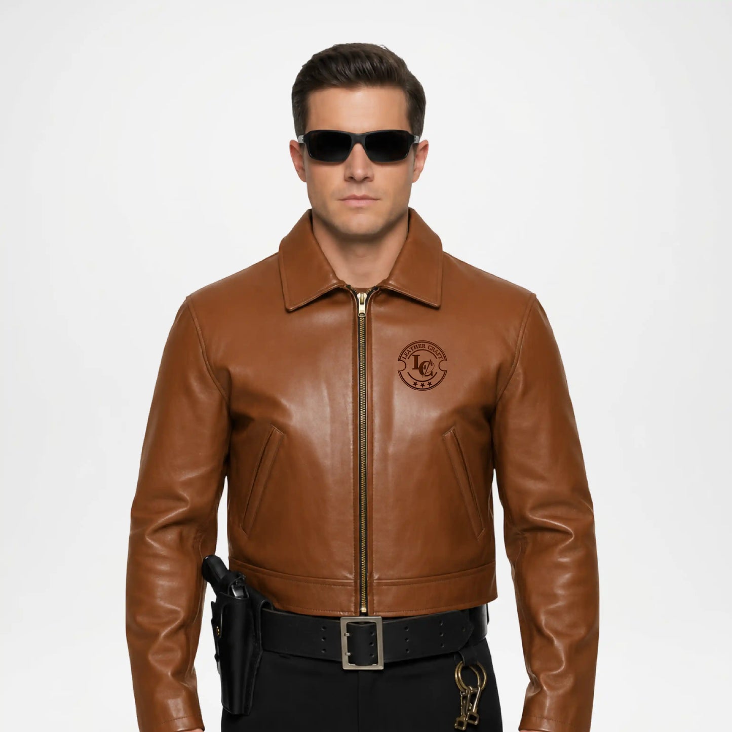 mens brown police leather jacket