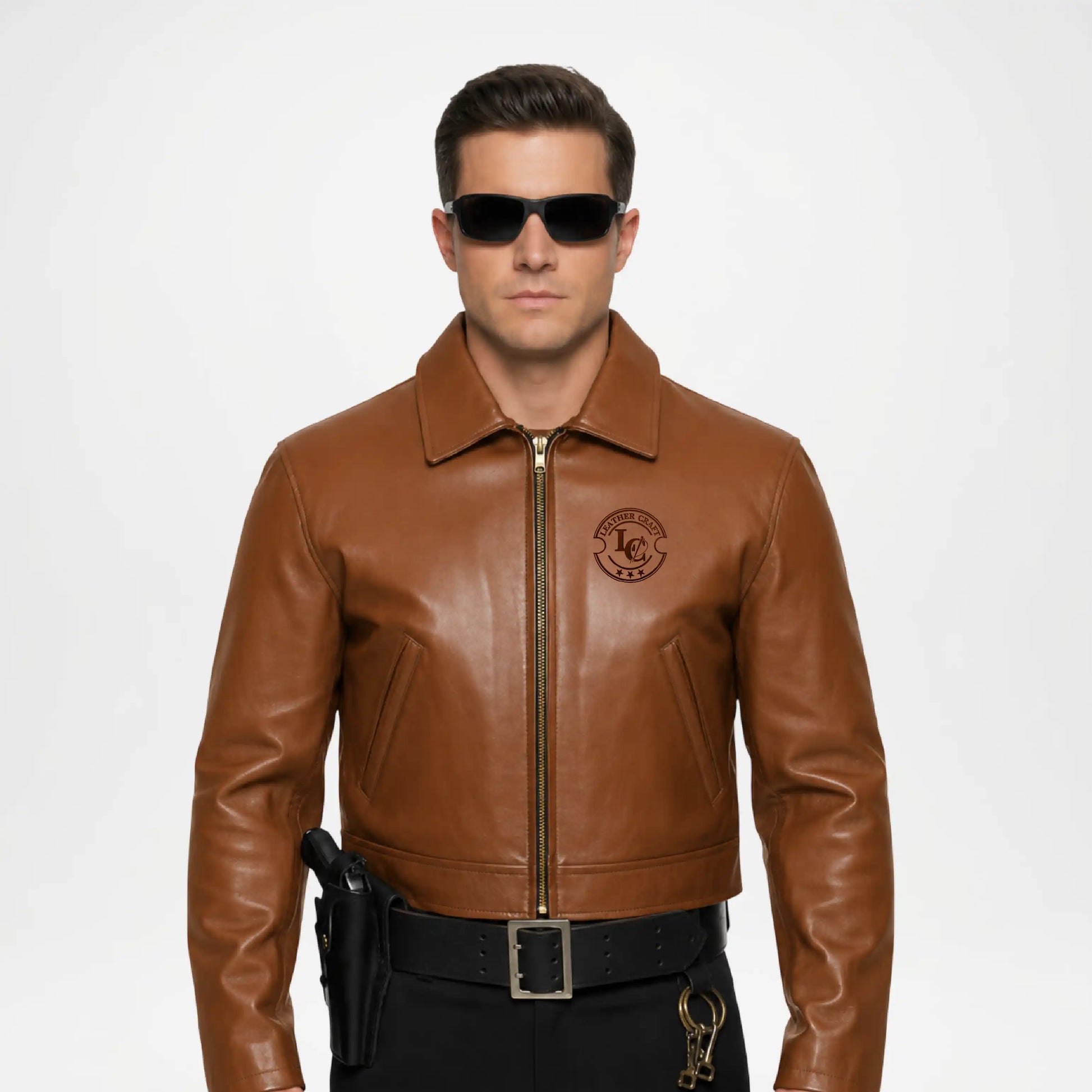 mens brown police leather jacket