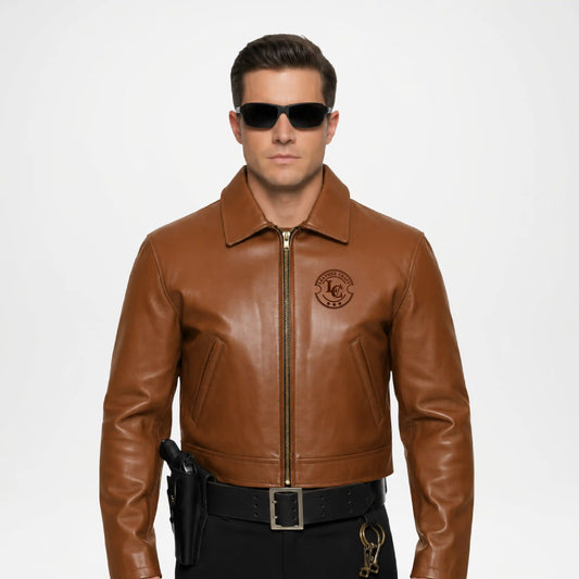 mens brown police leather jacket