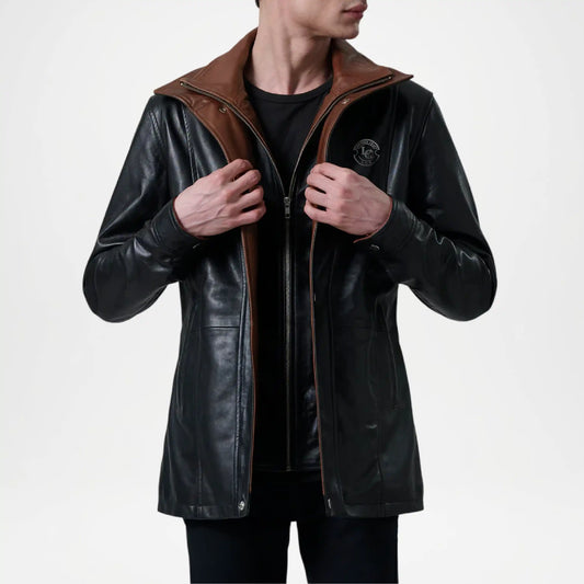 men's black leather trench coat with hood