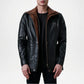 Black leather jacket with brown interior lining on a white background