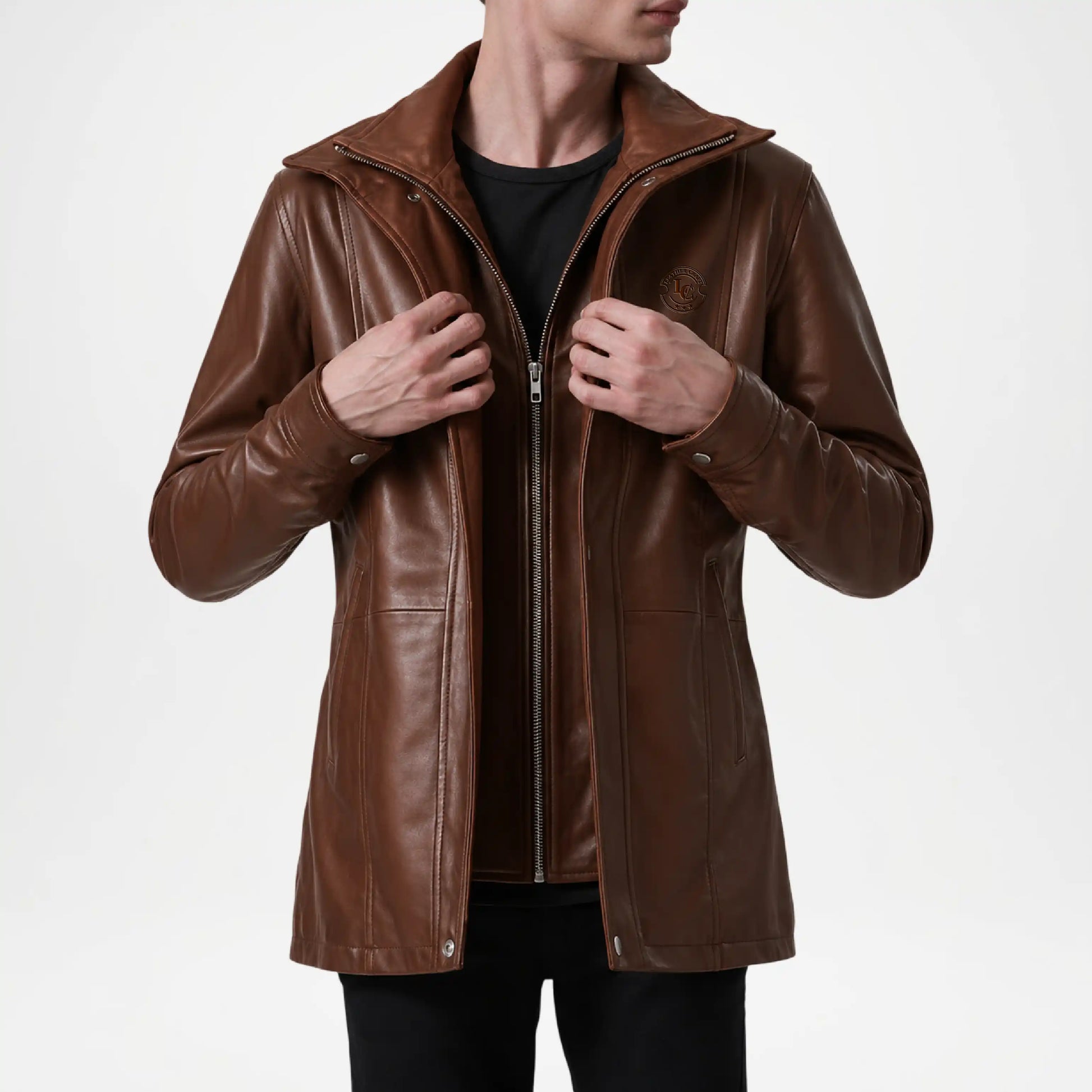 men's brown leather long jackets